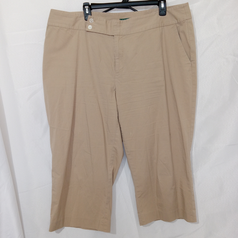 Lauren Ralph Lauren Women 18W Khaki Pants Stretch Cotton Wide Leg Chino Cropped - Picture 2 of 11